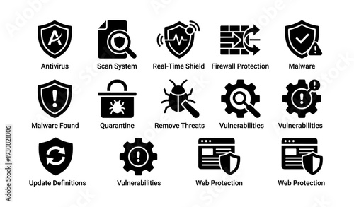 Cybersecurity icons: antivirus, firewall, malware, and web protection symbols