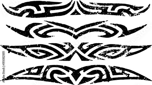 Four black tribal tattoo designs with sharp abstract shapes on white background