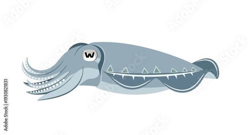 Stylized illustration of a grey cuttlefish with wavy fins and tentacles, showcasing unique triangular patterns and a distinctive eye marking on a