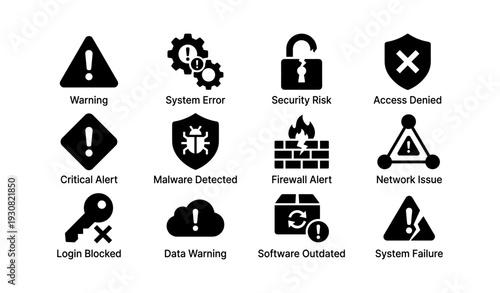 Alert icons for system errors, security risks, and network issues