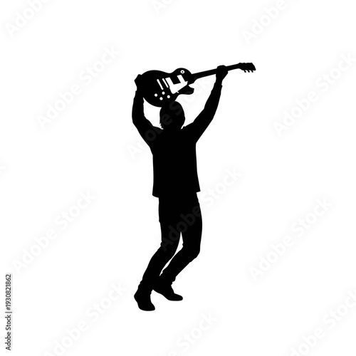 Silhouette of a person holding a rifle overhead in a dynamic, athletic pose.
