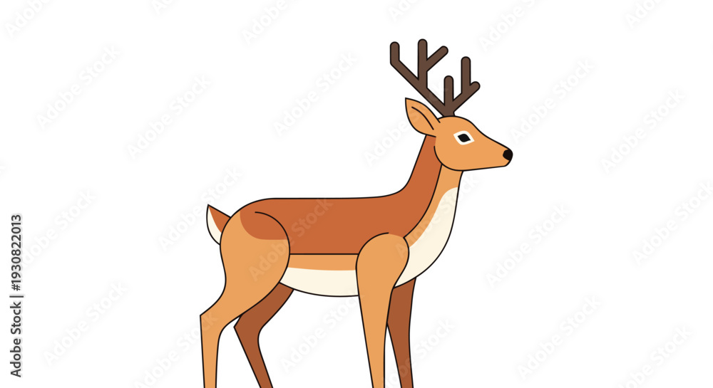 Fototapeta premium Charming cartoon deer with prominent antlers, depicted with simplified shapes and warm tones, standing against a pure white backdrop, suitable for