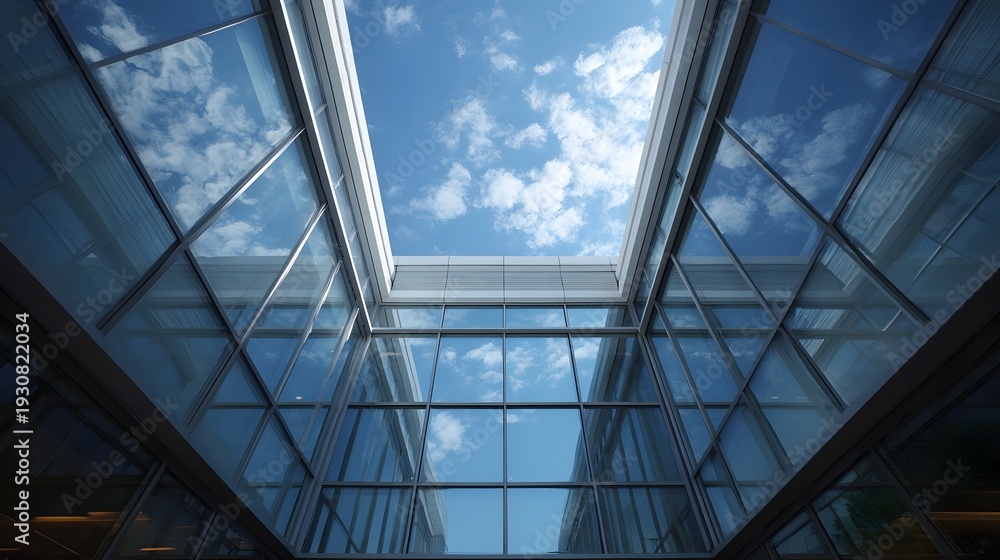 Obraz premium Looking up through a modern building s glass atrium at a bright blue sky with fluffy white clouds