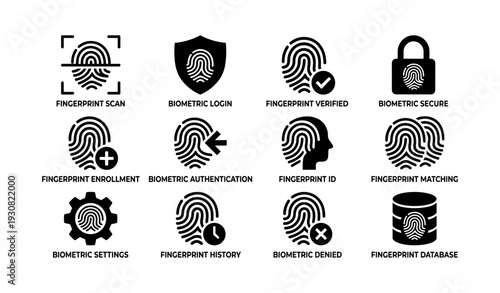 Fingerprint technology icons: verification, security, authentication, database, identification