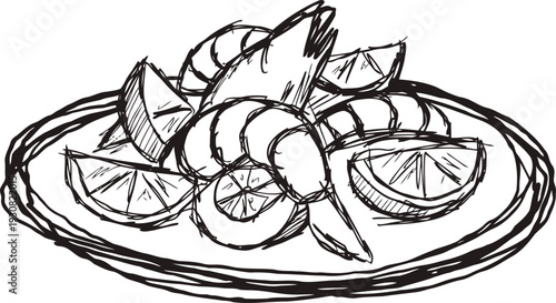 shrimp and lemon slices on plate, hand drawn seafood dish illustration