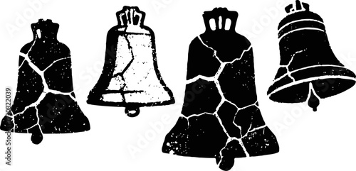Vintage cracked bell silhouettes black and white set rustic holiday symbols isolated on white background