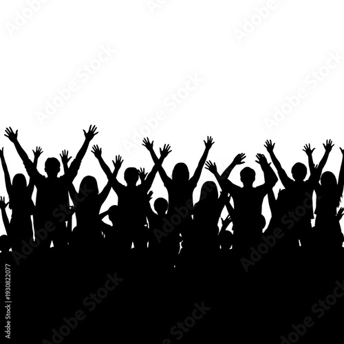 Silhouetted crowd of cheering people raising their hands in celebration at a lively event.