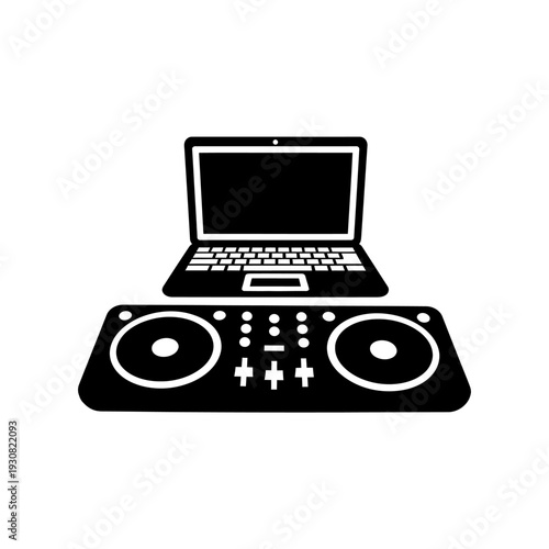 DJ setup featuring laptop atop turntables and mixer for live music performance.
