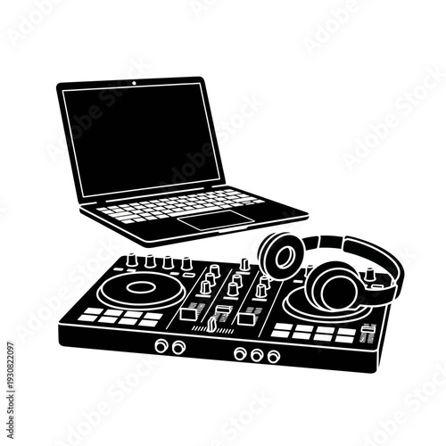 DJ setup with laptop and turntables on a digital mixing console for music production and live performance.