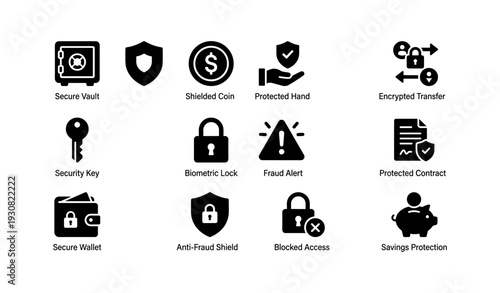Secure vault icons: coin, hand, lock, transfer, key, wallet, protection