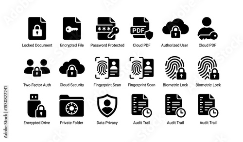 Secure digital icons: encryption, cloud, biometric authentication, data privacy, file protection