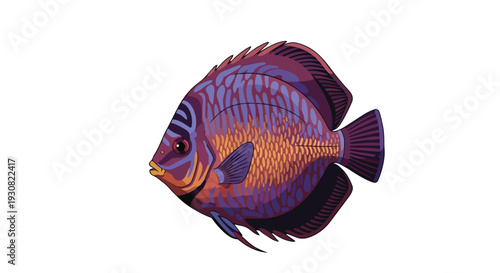 Vibrant and abstract representation of a colorful angelfish with intricate patterns and striking purple and orange hues against a clean white