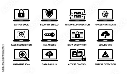 Cybersecurity icons: laptop lock, security shield, firewall protection, fingerprint login, data encryption