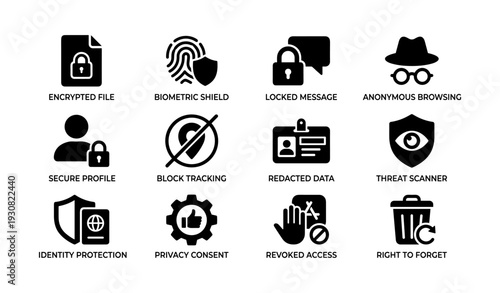 Privacy and security icons: encrypted files, biometric shield, anonymous browsing, threat scanner
