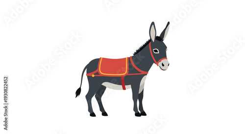A charming cartoon illustration of a grey donkey with a red saddle, isolated on a clean white background, perfect for various design projects