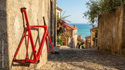 Wallpaper Mural Vibrant Red Bicycle Frame Against Ancient Italian Coastal Village Street Scene Torontodigital.ca