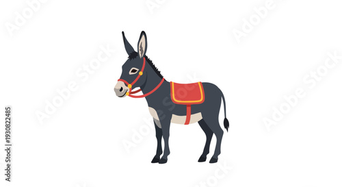 Charming cartoon donkey with a saddle and bridle, isolated on a white background for design.