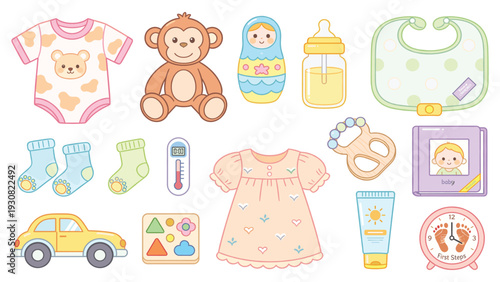 Cute baby stickers collection with toys, clothes, and accessories in a set