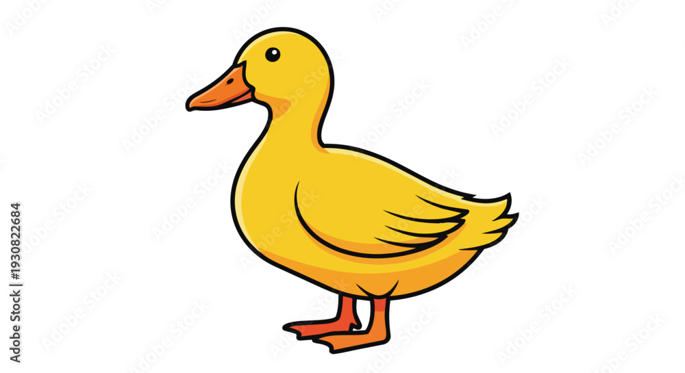 Fototapeta premium A cheerful cartoon yellow duck illustration with orange beak and feet, standing isolated on a white background, perfect for children's content and