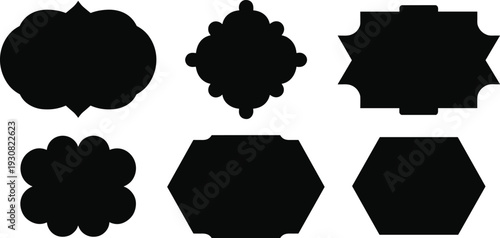Islamic decorative badge and ornamental frame set with geometric Arabic shapes, black silhouette flat vector illustration collection