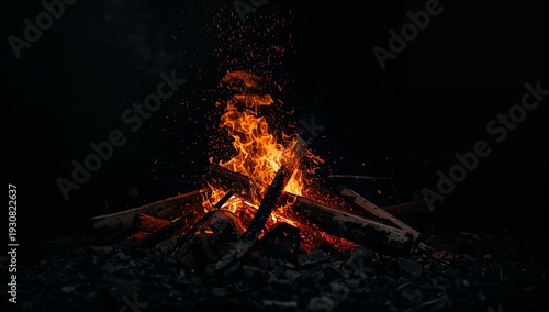 Firewood Burns in a Campfire Creating Sparks in a Dark Outdoor Setting at Night
