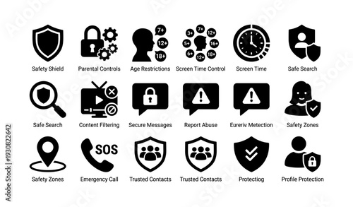 Safety and parental control icons for online protection and security