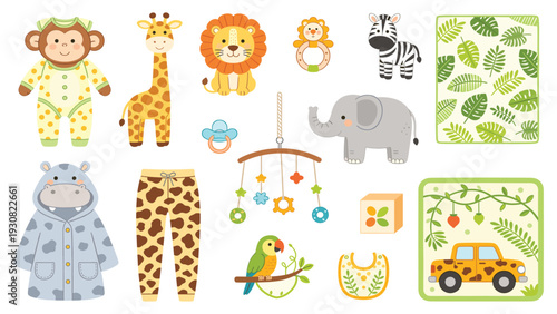 A collection of cute baby stickers with toys, clothes, and accessories arranged in a grid, showcasing various baby items.