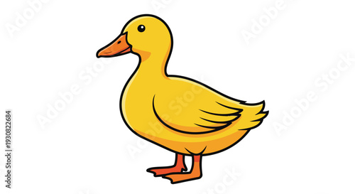 A cheerful cartoon yellow duck illustration with orange beak and feet, standing isolated on a white background, perfect for children's content and