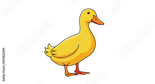 A charming cartoon illustration of a bright yellow duckling standing confidently on its orange feet against a crisp white background, perfect for