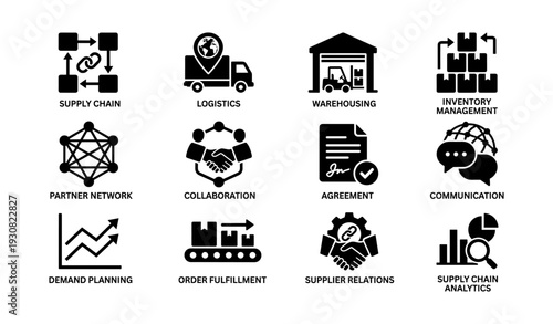 Supply chain logistics and management icons for efficient operations
