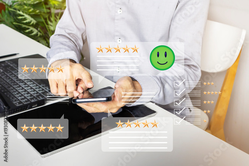 Business people use their mobile phones to check feedback and comments on various aspects, providing positive information on their work and quality management.