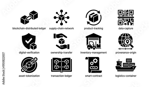 Blockchain icons representing distributed ledger, supply chain network, and digital verification