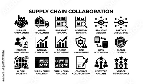 Supply chain collaboration icons: management, analytics, forecasting, logistics integration