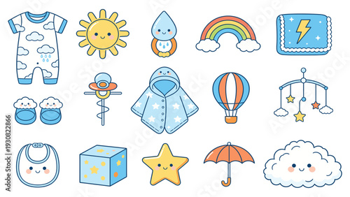 Cute baby stickers collection set with toys, clothes, and accessories showcased in a playful digital illustration