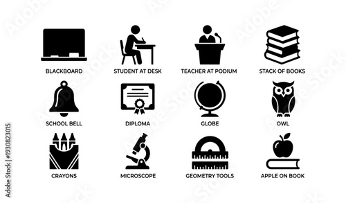Icons of education: blackboard, student, teacher, books, and more