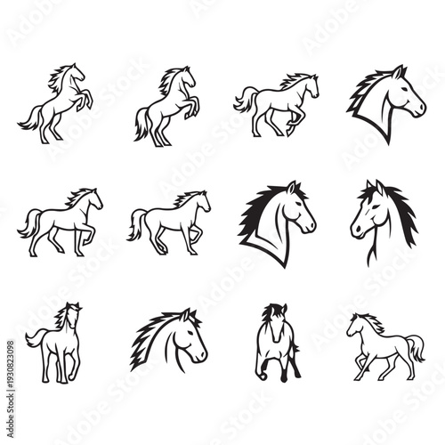 Collection of Horse Silhouettes in Various Poses and Headshots Vector Art