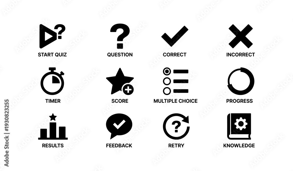 Fototapeta premium Quiz interface icons: start, question, correct, incorrect, timer, score, choices, progress