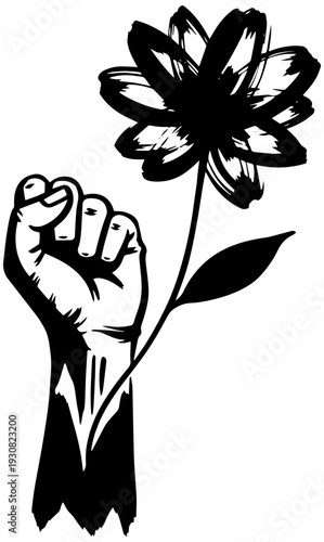 Powerful fist holding a flower symbolizing peaceful protest and activism
