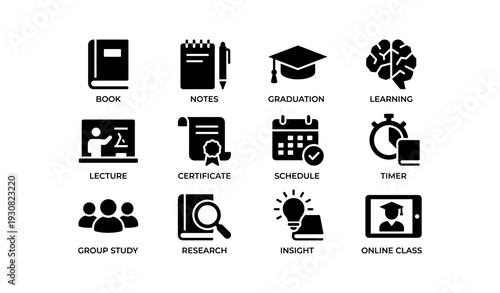 Educational icons: book, notes, graduation, learning, lecture, certificate, schedule, timer, group study, research, insight, online class