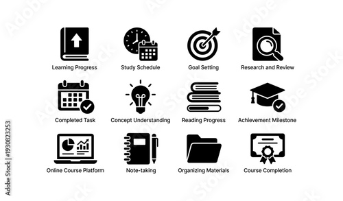Icons representing online learning and educational success elements