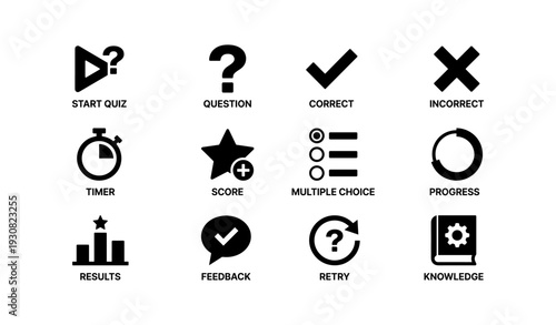 Quiz interface icons: start, question, correct, incorrect, timer, score, choices, progress