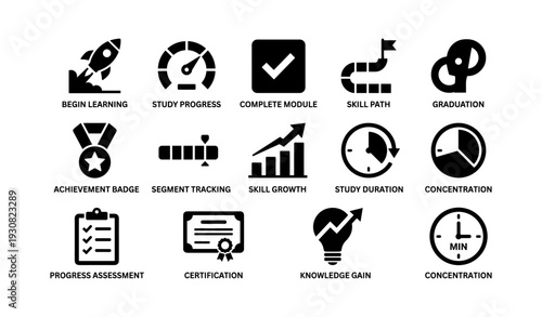 Educational icons set: learning, progress, achievement, skill path, certification symbols
