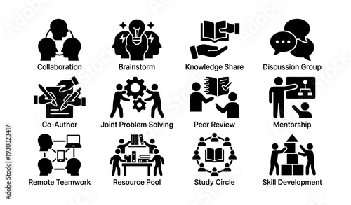 Icons depicting collaboration and teamwork concepts in professional settings