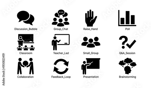 Education and communication icons featuring group chat and classroom activities