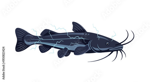 Mysterious dark catfish emitting electric sparks, isolated on a clean white background, symbolizing power and aquatic energy