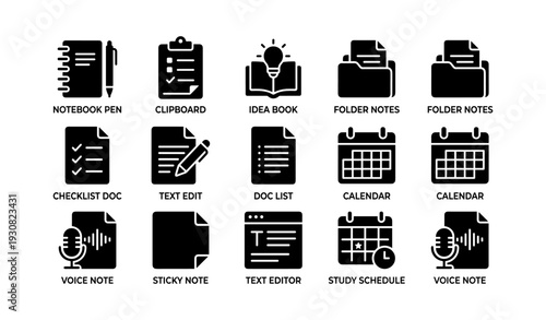 Set of office icons: notebook, clipboard, calendar, and more for organization and planning