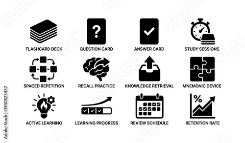 Icons illustrating study techniques: flashcards, brain, calendar, lightbulb, puzzle