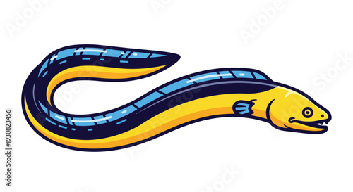 Vibrant Yellow and Blue Eel Illustration, A Captivating Aquatic Creature Depicted with Bold Lines and Contrasting Colors