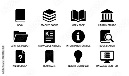 Library and information icons set featuring books and technology symbols