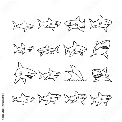 Collection of Shark Illustrations Various Poses and Angles Black and White Line Art